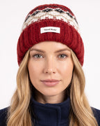 Women’s knit beanie with Fair Isle pattern and ribbed cuff, red with cream and black Nordic stripes