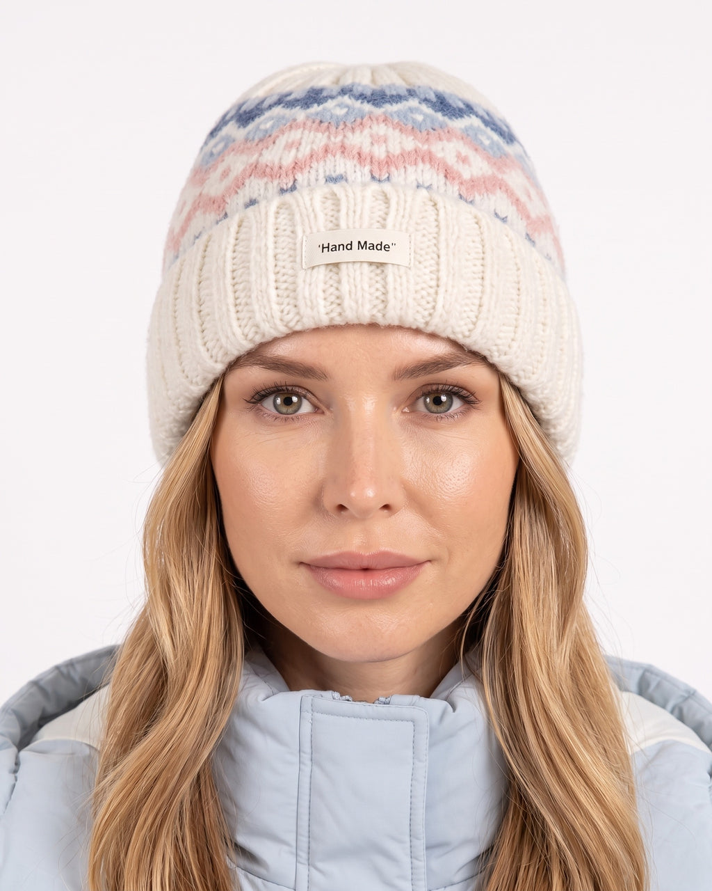 Women’s knit beanie with Fair Isle pattern and ribbed cuff, cream with light blue and pink stripes