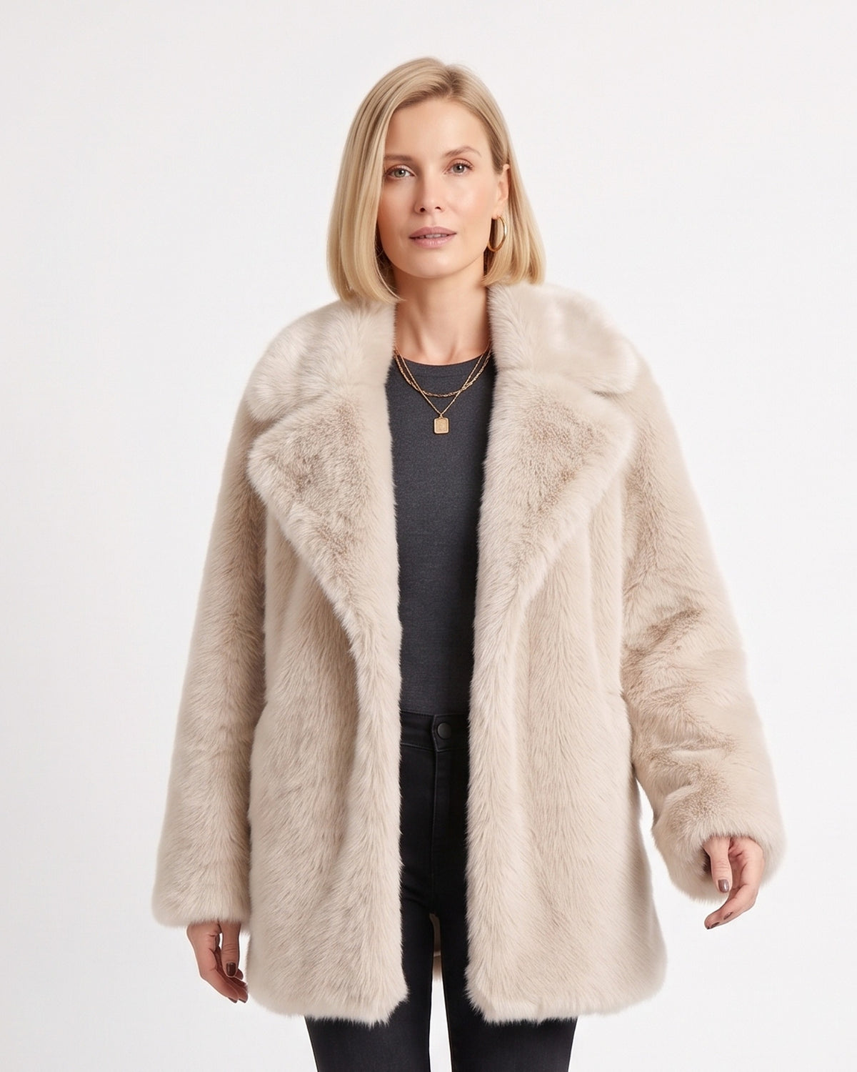 Beige mid-length faux fur coat with wide notch lapels and side pockets