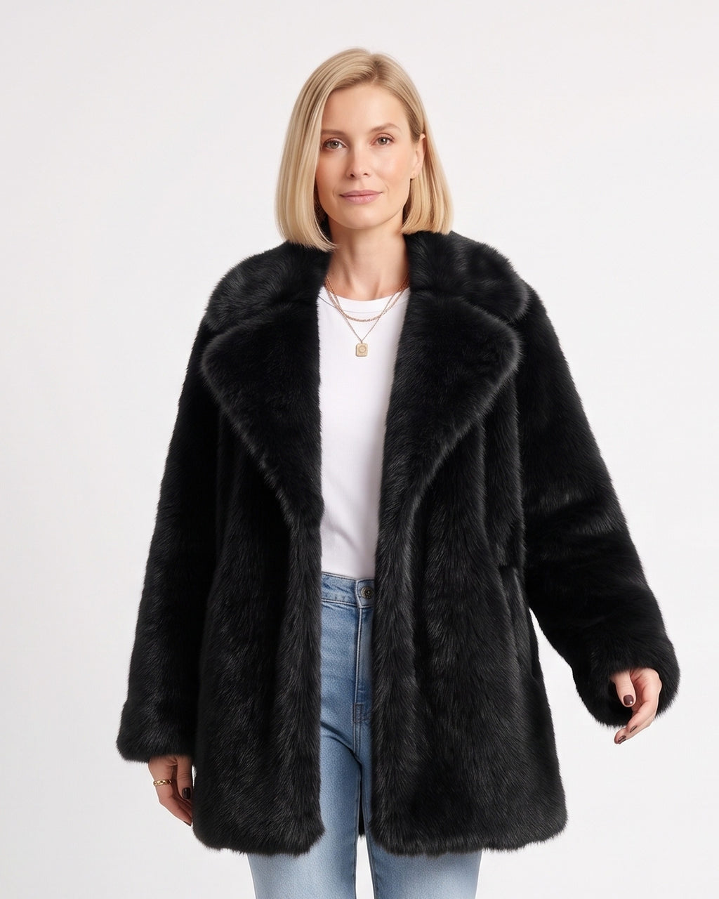 Black mid-length faux fur coat with wide notch lapels and side pockets