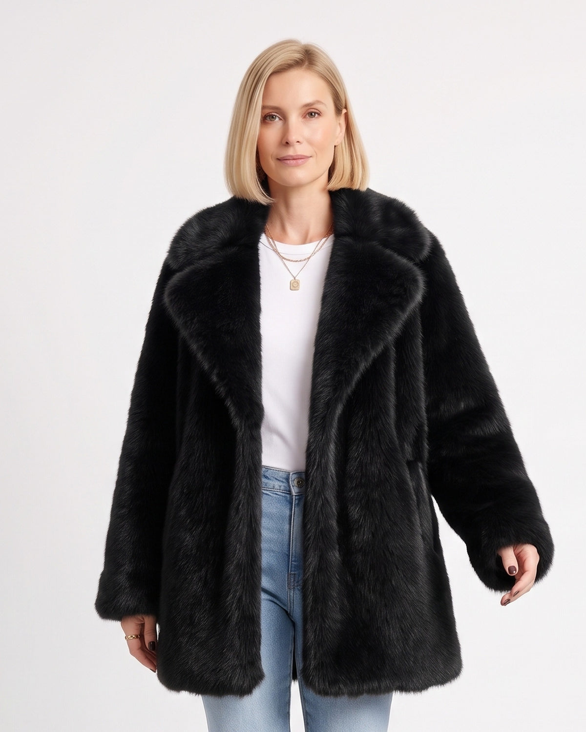 Black mid-length faux fur coat with wide notch lapels and side pockets