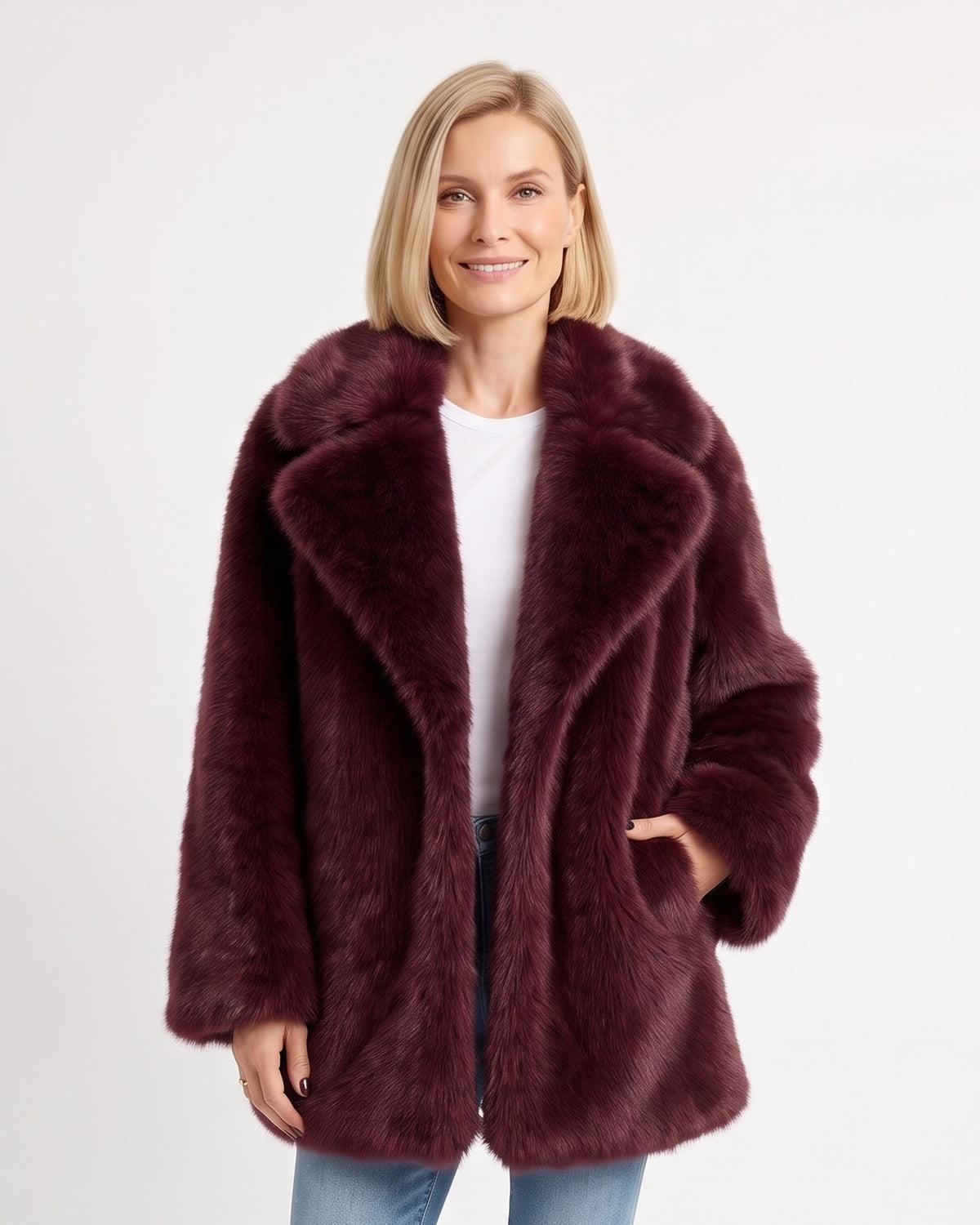 Burgundy mid-length faux fur coat with wide notch lapels and side pockets