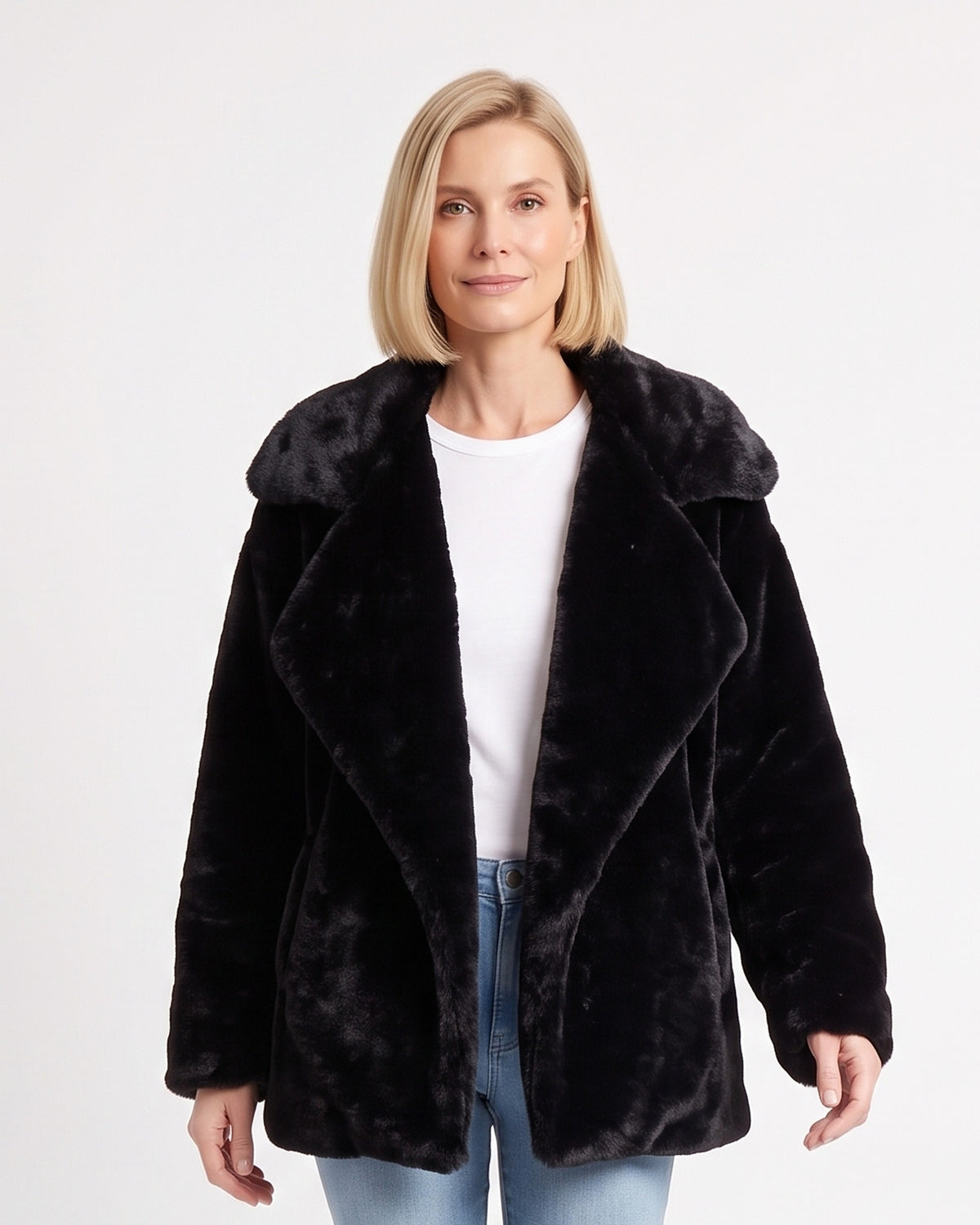 Women's faux fur coat, black plush with wide lapel and open front