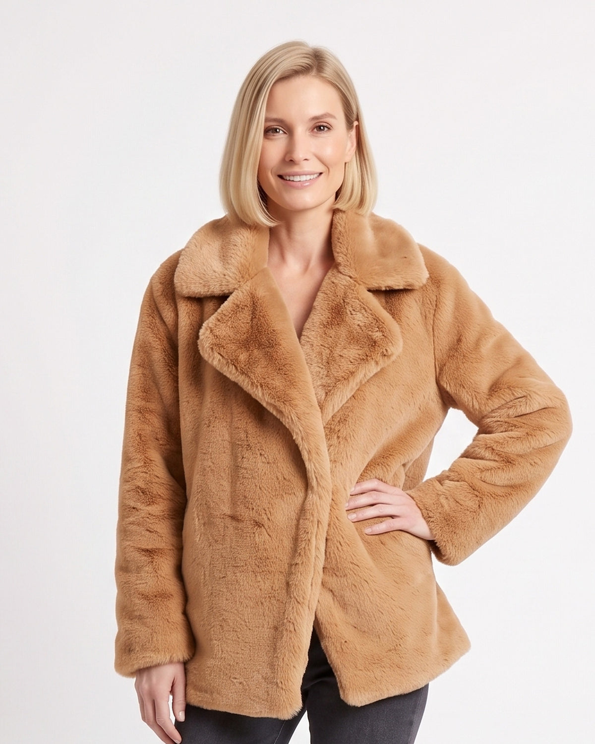 Women's faux fur coat, camel plush with wide lapel and open front
