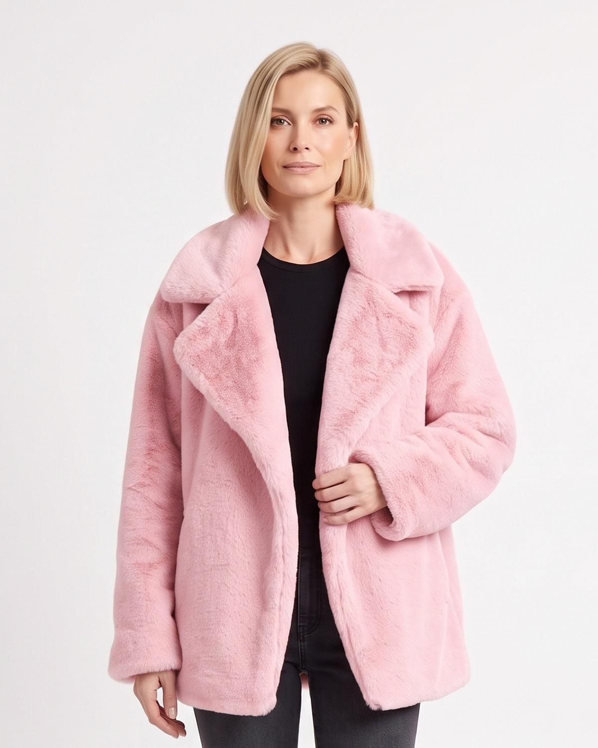 Women's faux fur coat, pink plush with wide lapel and open front