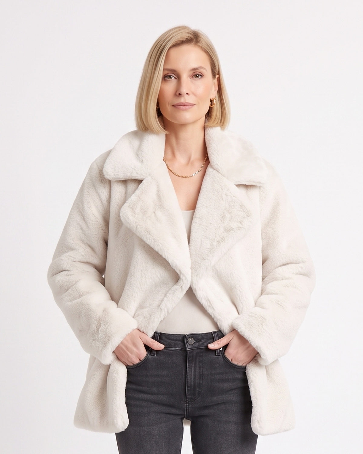Women's faux fur coat, white plush with wide lapel and open front