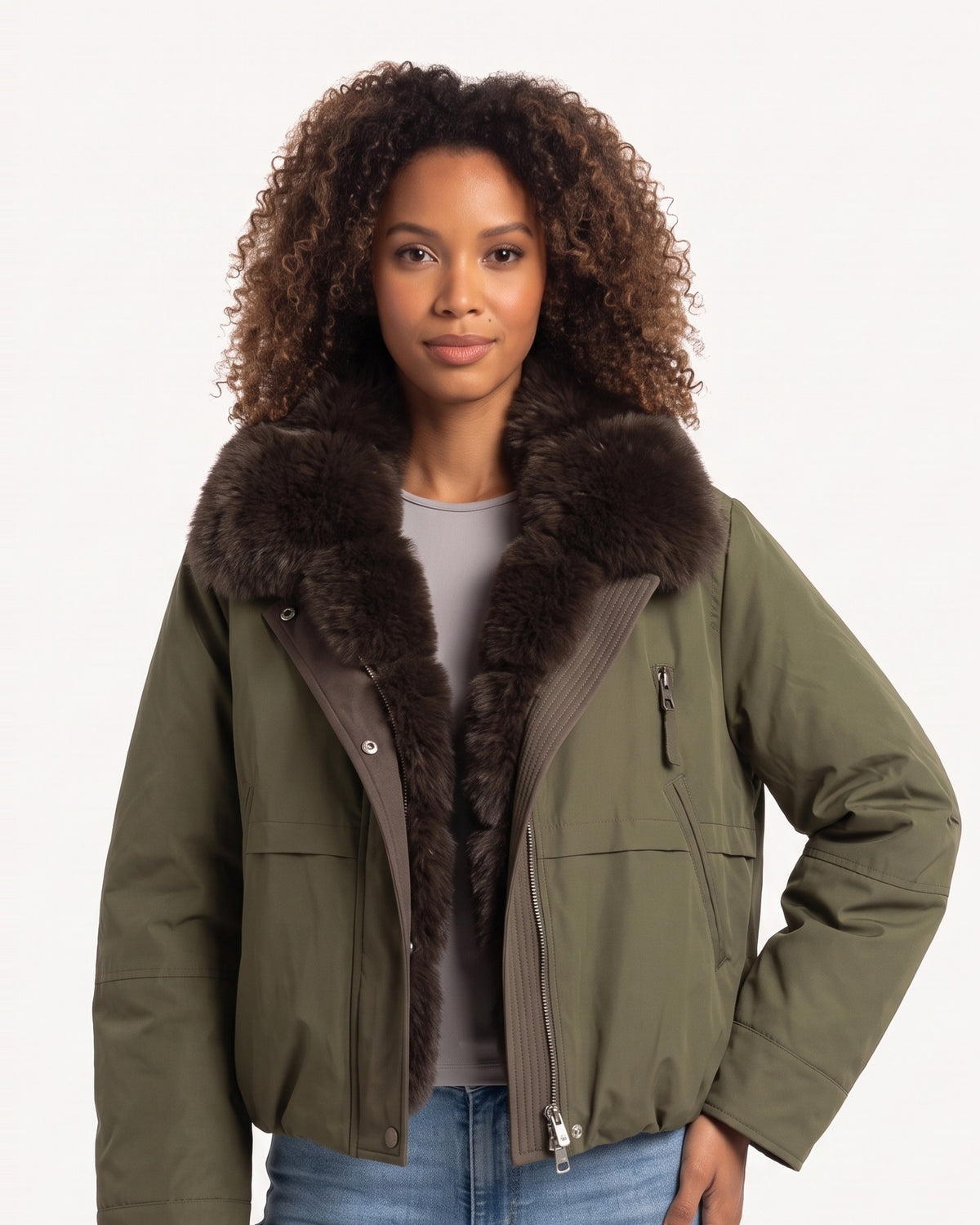Cropped bomber jacket with faux fur collar, army green nylon, front zipper and pockets