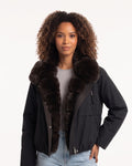 Cropped bomber jacket with faux fur collar, black nylon, front zipper and side pockets