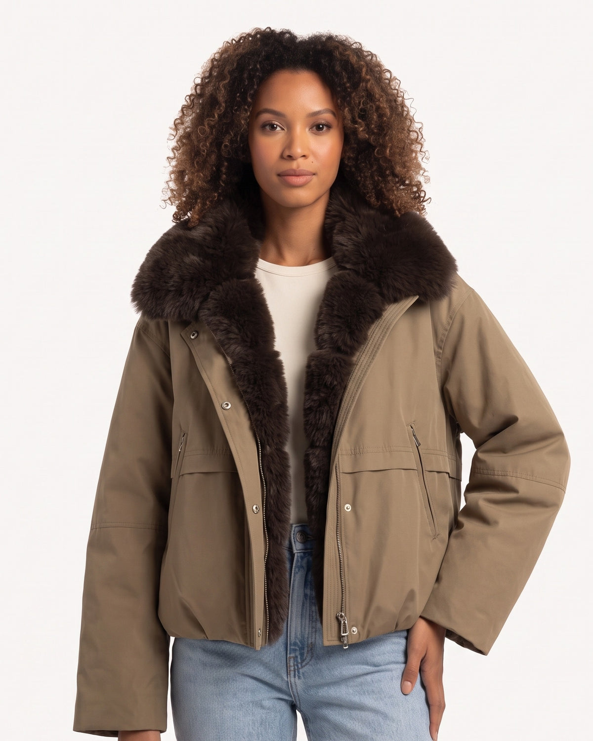 Cropped bomber jacket with faux fur collar, tan nylon, front zipper and side pockets