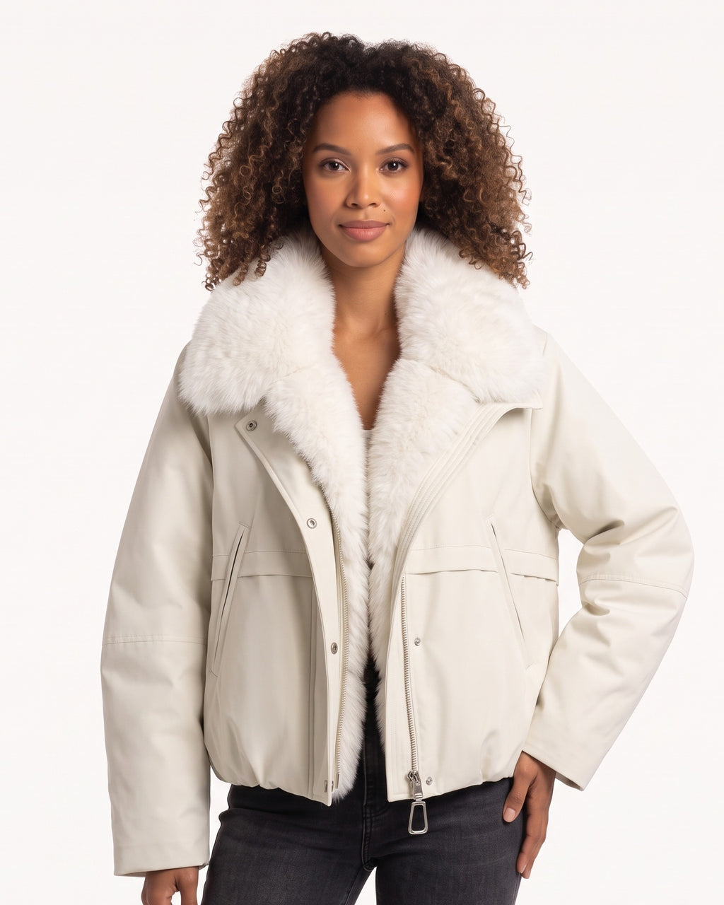 Women’s cropped bomber jacket in off-white nylon with plush faux fur collar, snap pockets