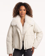 Women’s cropped bomber jacket in off-white nylon with plush faux fur collar, snap pockets