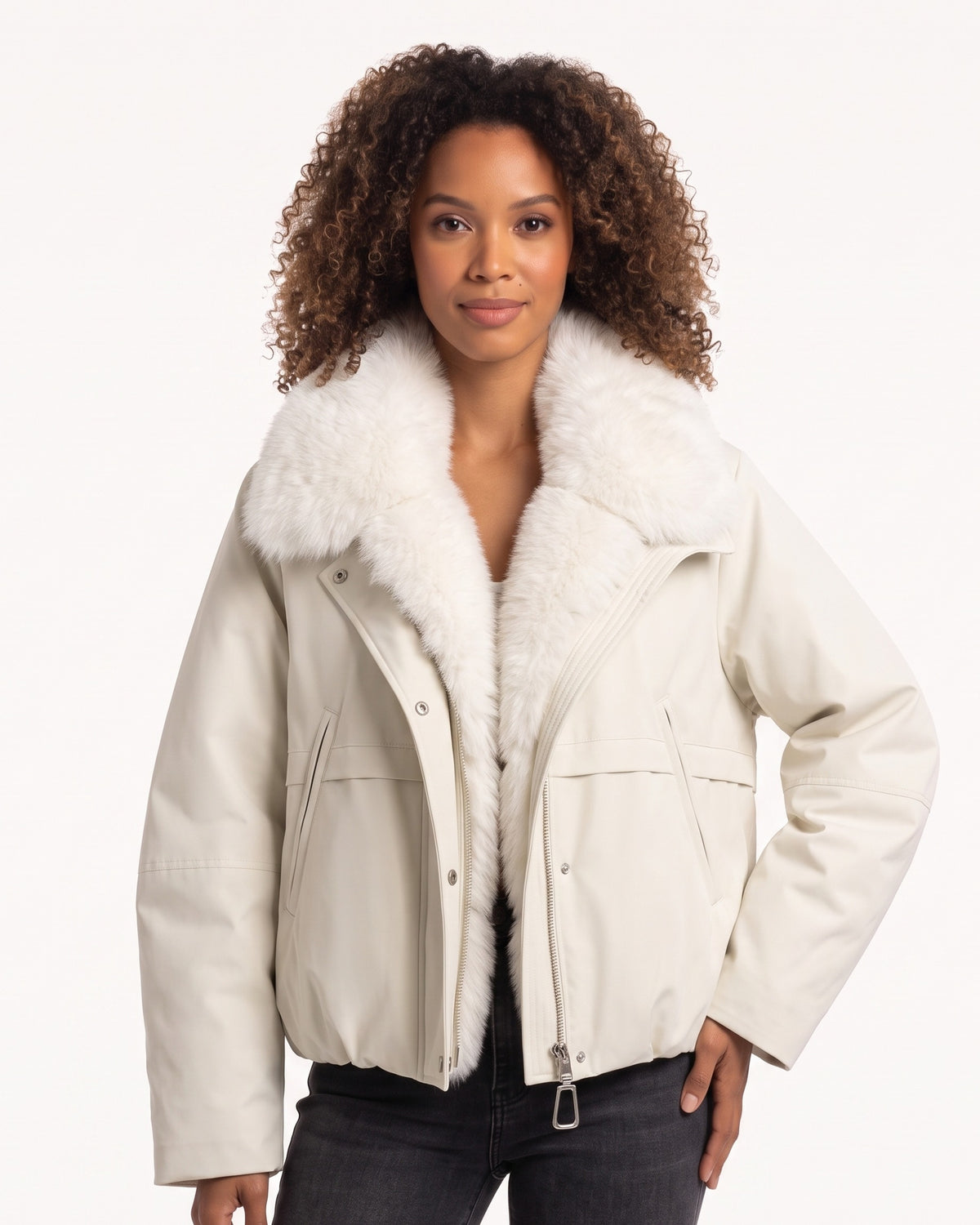 Women’s cropped bomber jacket in off-white nylon with plush faux fur collar, snap pockets