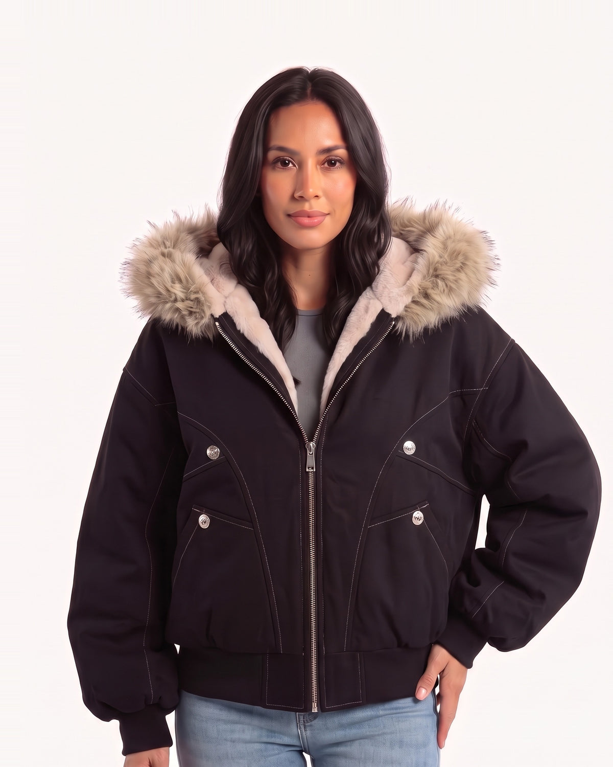 Black faux fur hood bomber jacket with zip front, faux fur trim, and chest pocket flaps