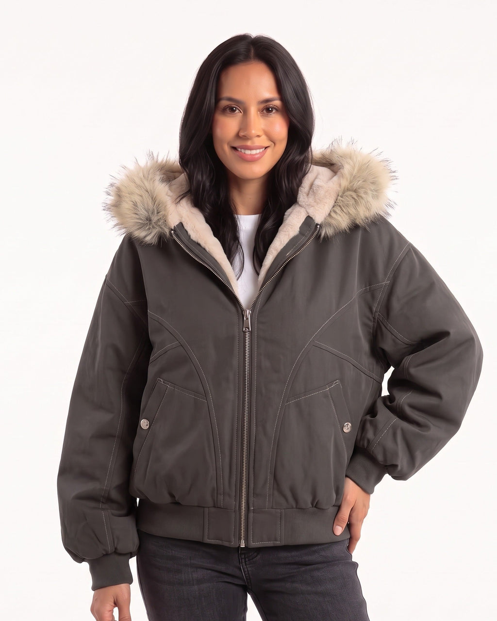 Women’s dark gray faux fur hood bomber jacket, zip front, ribbed cuffs and hem