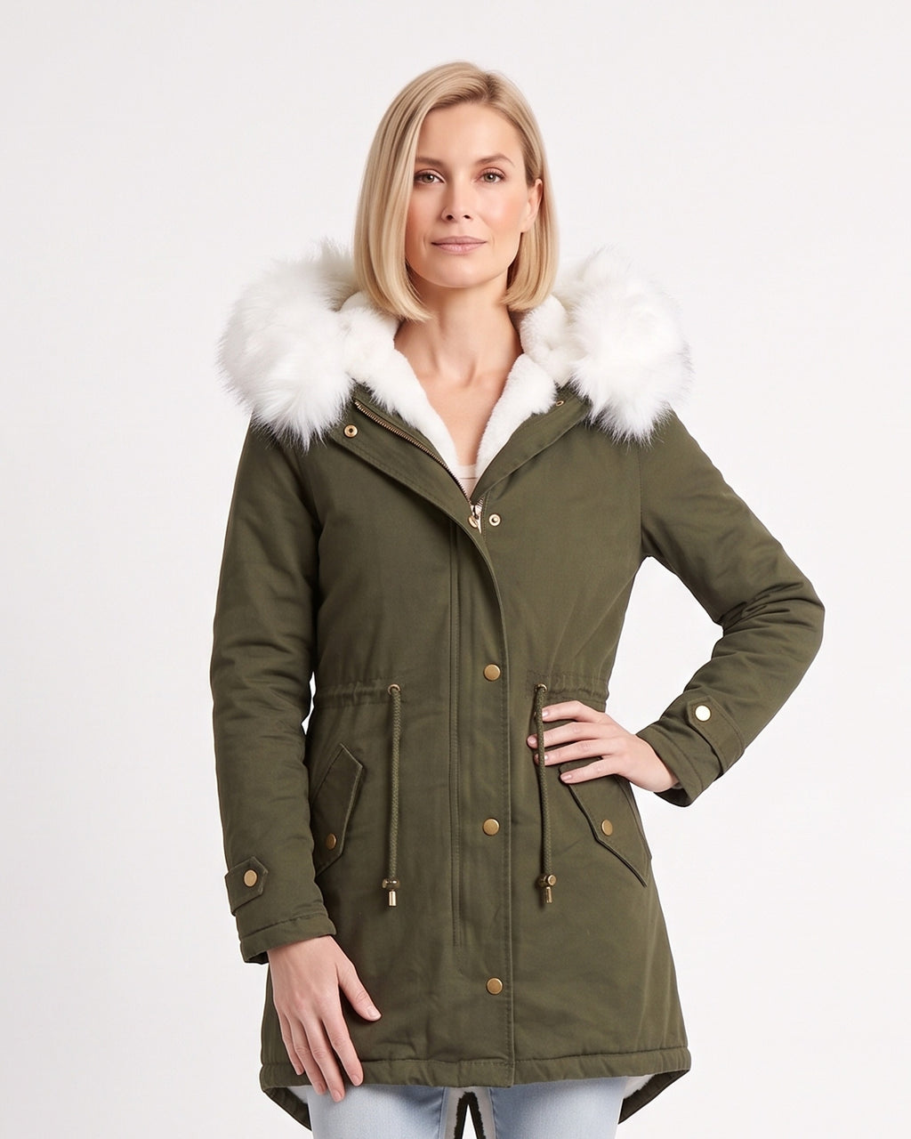 Women's army green faux-fur hood parka with fleece lining, gold buttons, drawstring waist