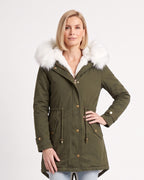 Women's army green faux-fur hood parka with fleece lining, gold buttons, drawstring waist