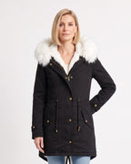 Women's black faux-fur hood parka with fleece lining, gold buttons and drawstring waist