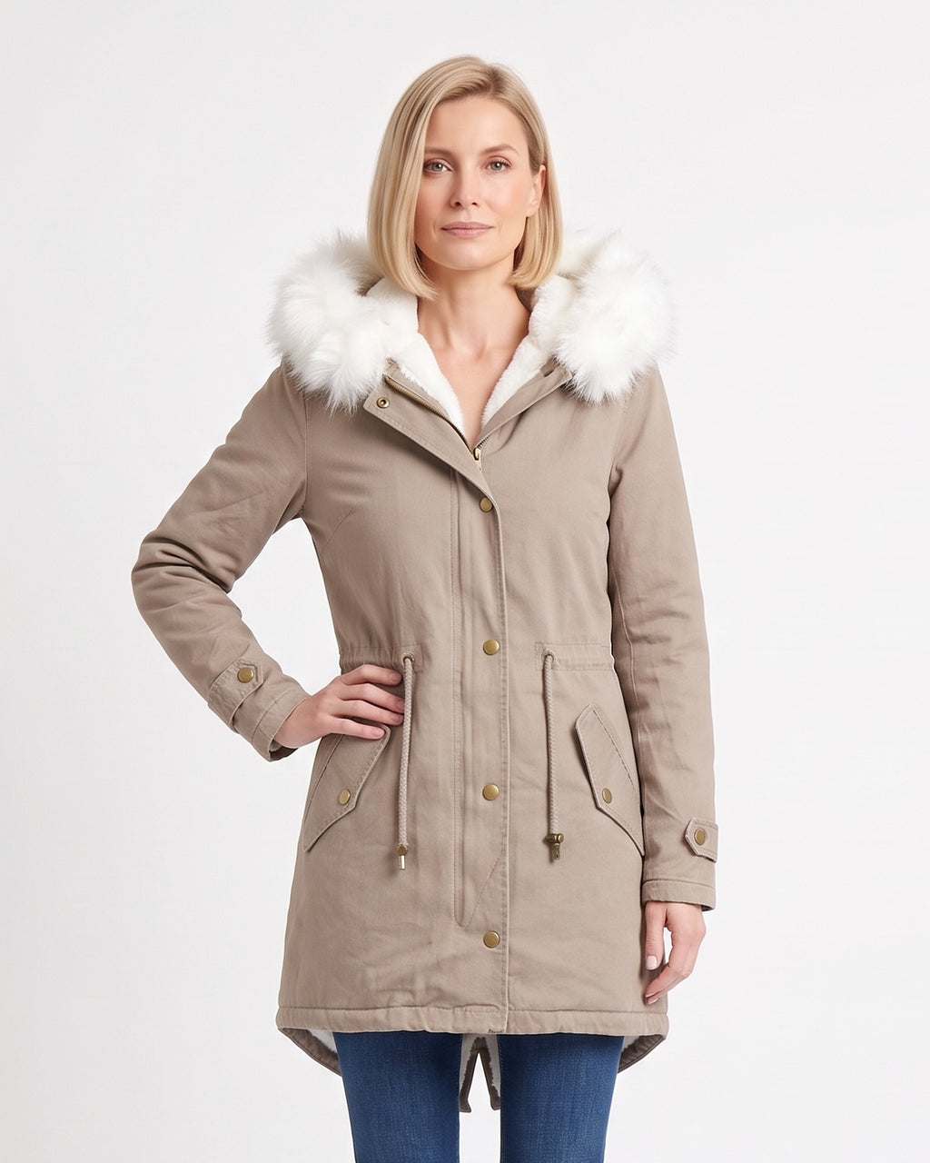Women's khaki faux-fur hood parka with fleece lining, gold buttons, drawstring waist pockets
