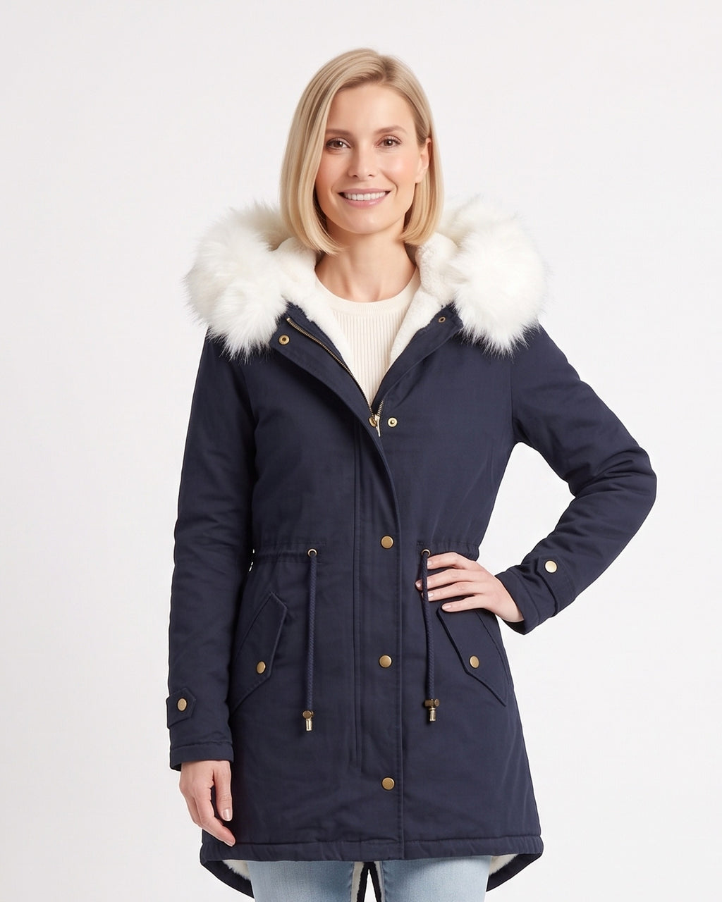 Women's dark navy faux fur hood parka with fleece lining and drawstring waist
