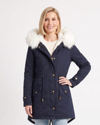 Women's dark navy faux fur hood parka with fleece lining and drawstring waist