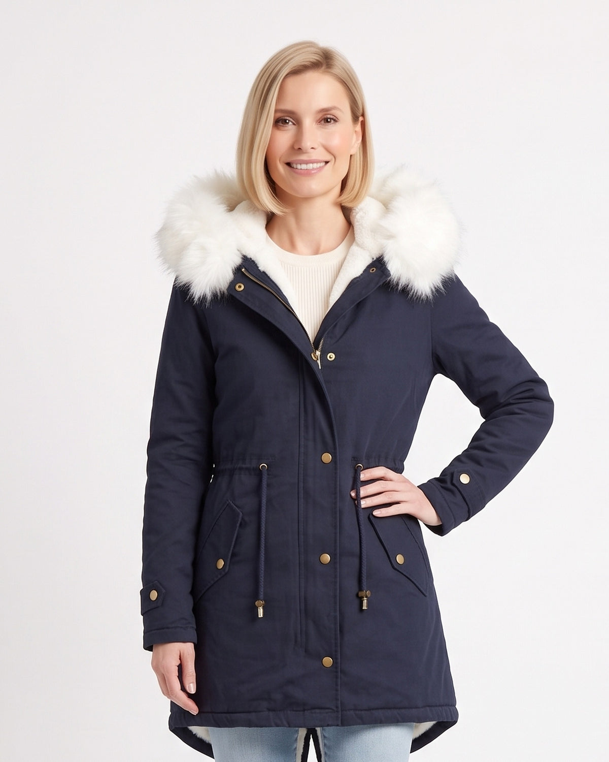 Women's dark navy faux fur hood parka with fleece lining and drawstring waist