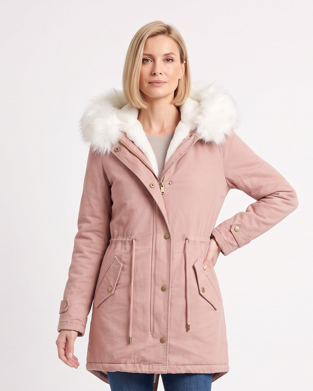 Women's blush pink faux fur hood parka with fleece lining and drawstring waist