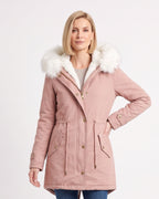 Women's blush pink faux fur hood parka with fleece lining and drawstring waist