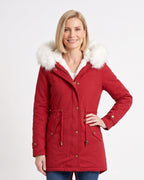 Women's red faux-fur hood parka with fleece lining, gold buttons, drawstring waist pockets