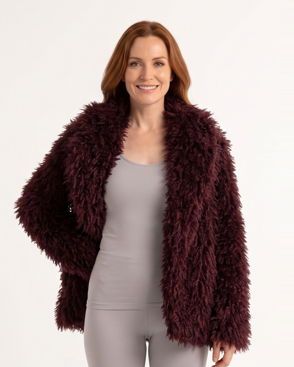 Burgundy shaggy faux fur jacket with shawl lapel and open front, long sleeves