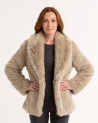 Khaki faux fur jacket with shawl lapel and open front, long sleeves