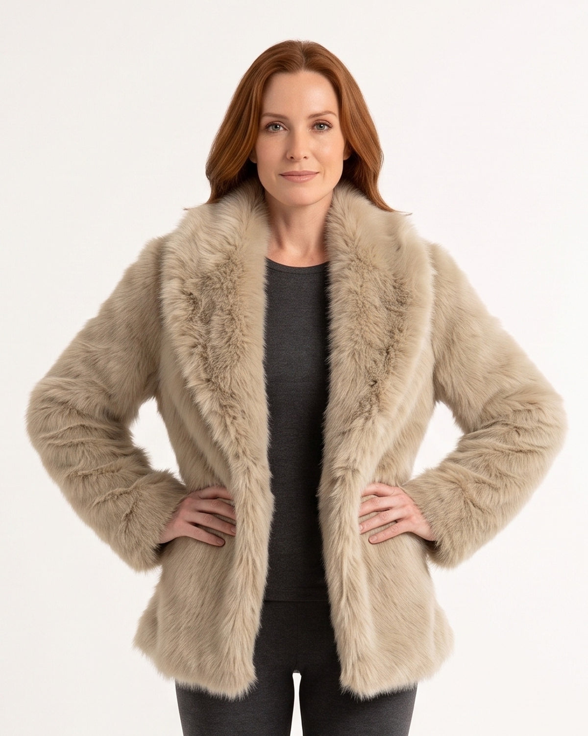 Khaki faux fur jacket with shawl lapel and open front, long sleeves