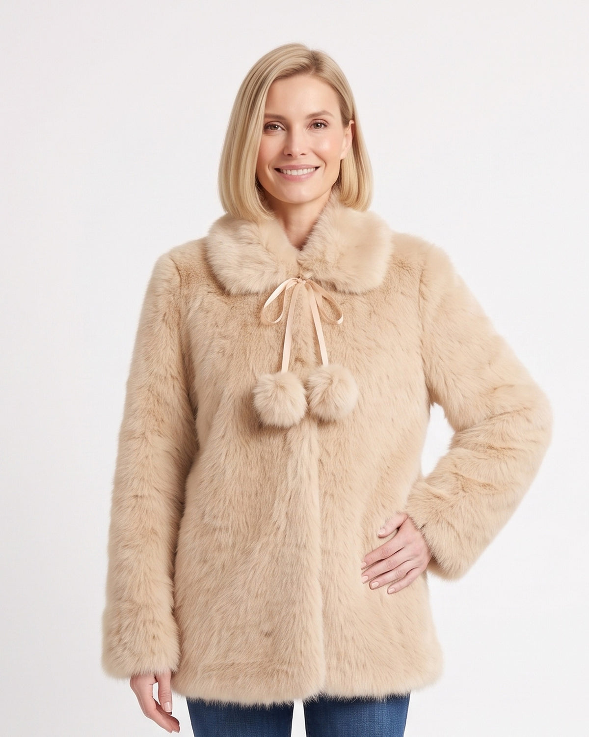 Beige faux fur short jacket with pom-pom tie collar and plush buttonless front