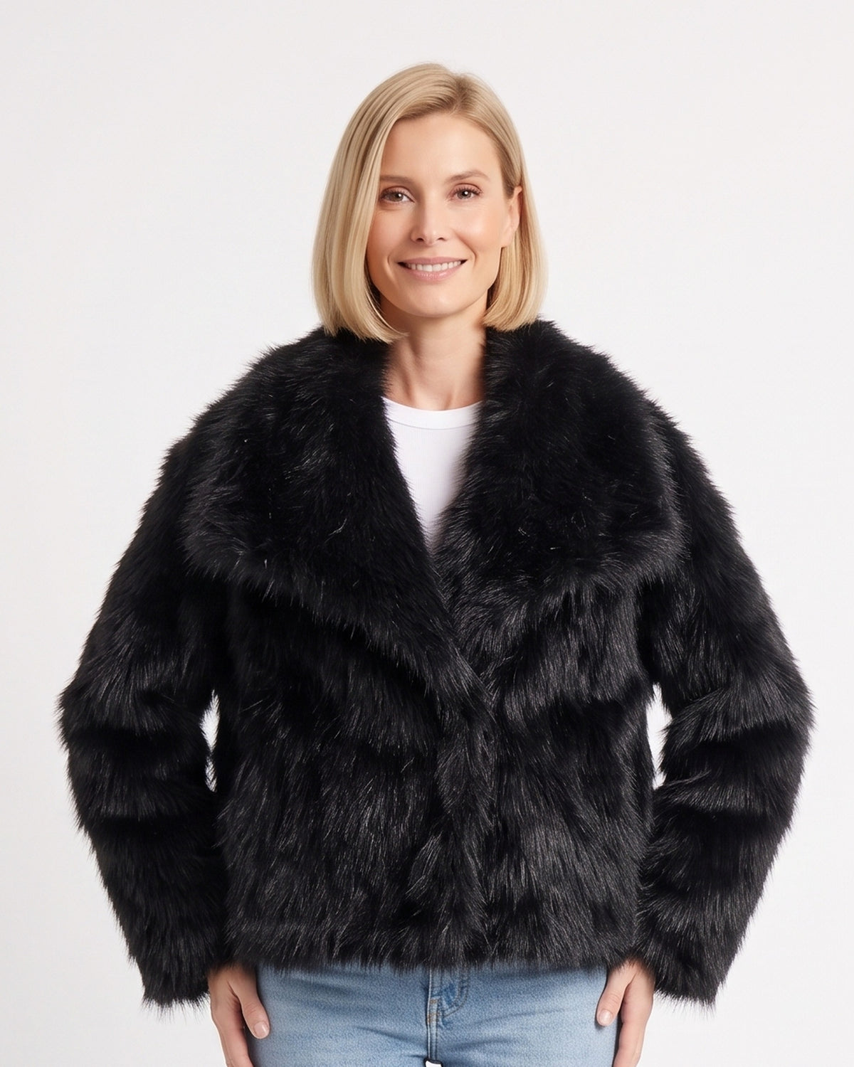 Black faux fur jacket with an oversized collar and relaxed fit