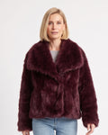 Burgundy faux fur jacket with an oversized collar and relaxed fit