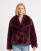 Burgundy faux fur jacket with an oversized collar and relaxed fit