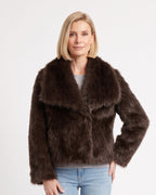 Dark brown faux fur jacket with an oversized collar and cropped hem