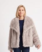 Taupe faux fur jacket with an oversized collar and relaxed fit