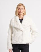 White faux fur jacket with a wide collar and cropped hem