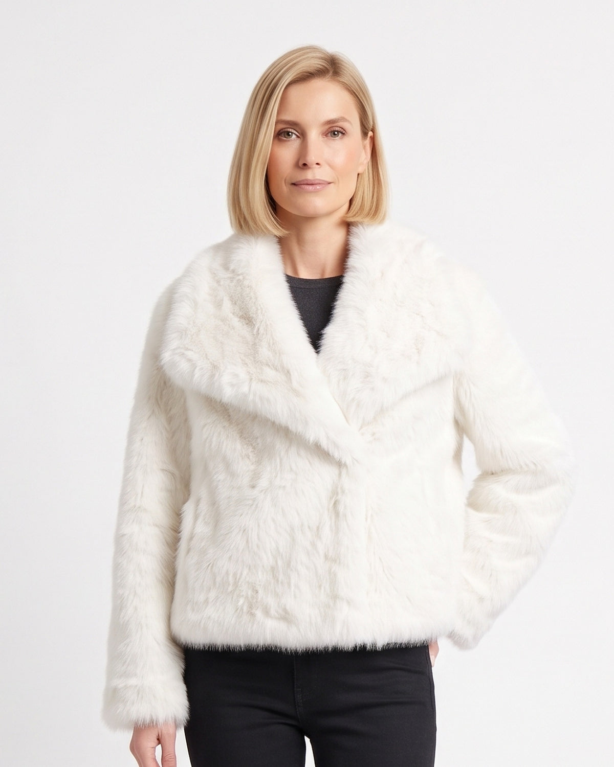 White faux fur jacket with a wide collar and cropped hem