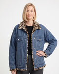 Women's dark blue denim trucker jacket with leopard faux-fur collar and lining