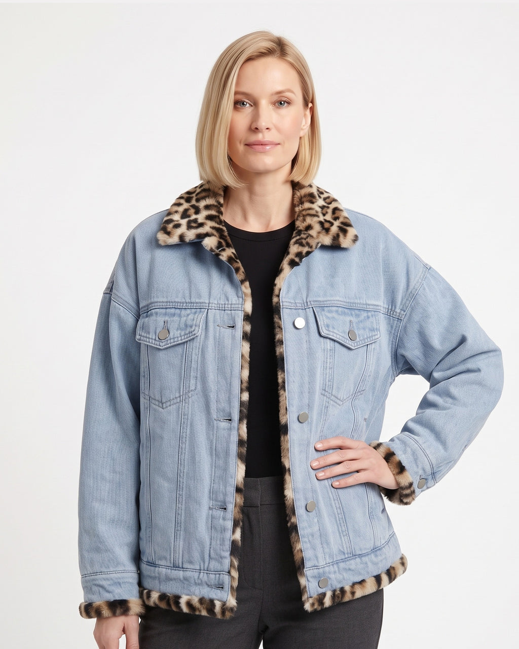 Women's light blue denim trucker jacket with leopard faux-fur collar and hem trim