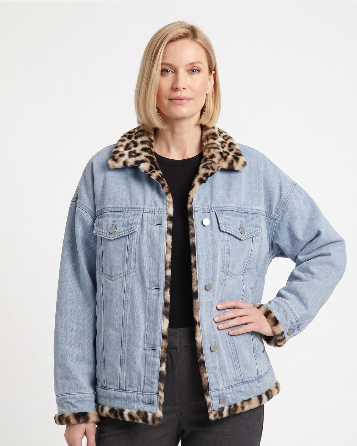 Women's light blue denim trucker jacket with leopard faux-fur collar and hem trim