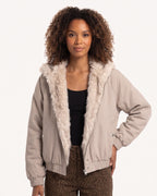 Women’s beige canvas bomber jacket with faux fur-lined collar and zip front