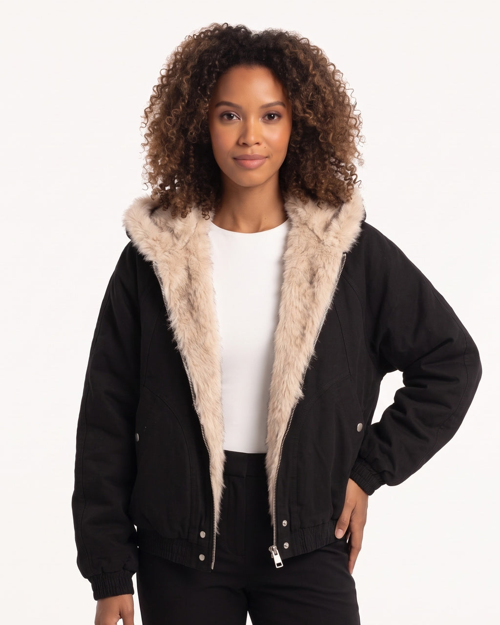 Women’s black cropped zip bomber jacket with plush faux fur collar and ribbed hem