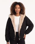 Women’s black cropped zip bomber jacket with plush faux fur collar and ribbed hem