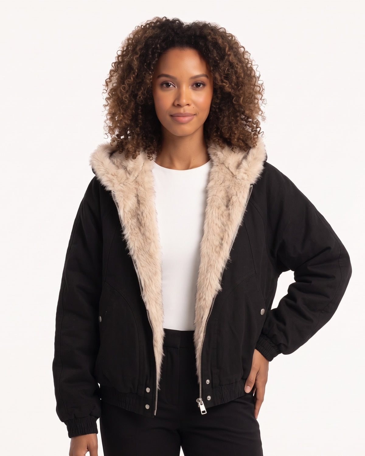 Women’s black cropped zip bomber jacket with plush faux fur collar and ribbed hem