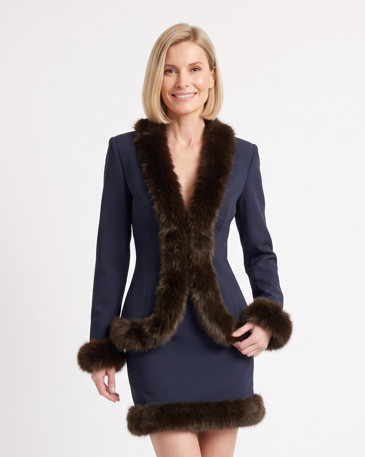 Fitted blazer and mini skirt set in navy with faux fur trim