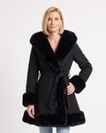 Women's black faux fur trim hooded coat with belt, swing hem and long sleeves