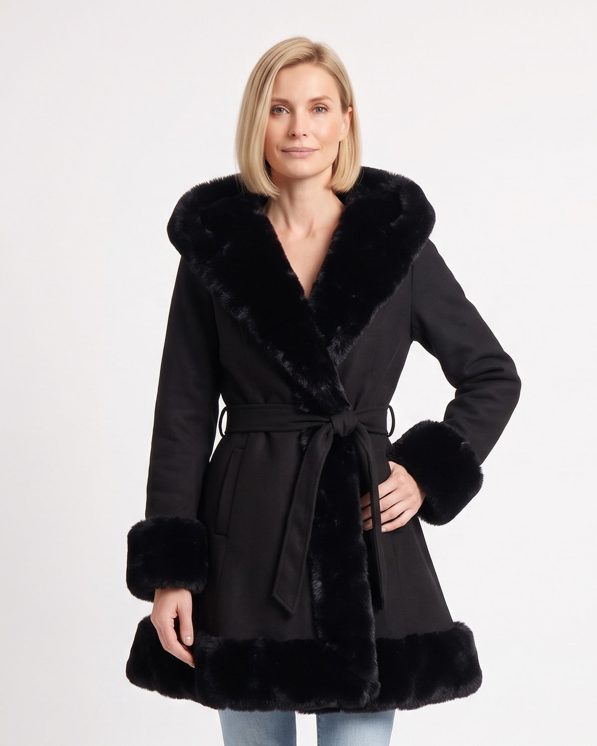 Women's black faux fur trim hooded coat with belt, swing hem and long sleeves