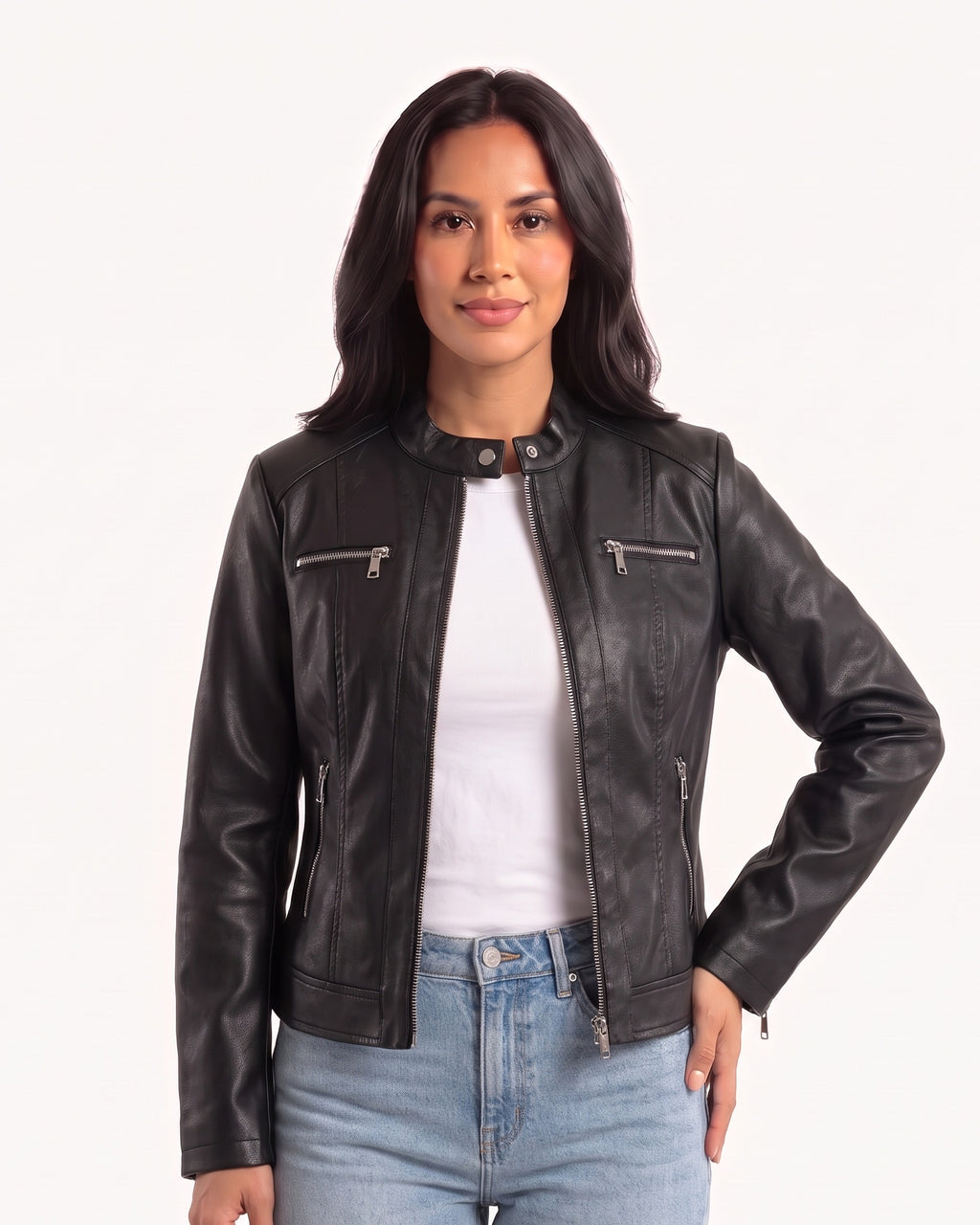 Black faux leather biker jacket with band collar, front zip, and zip pockets
